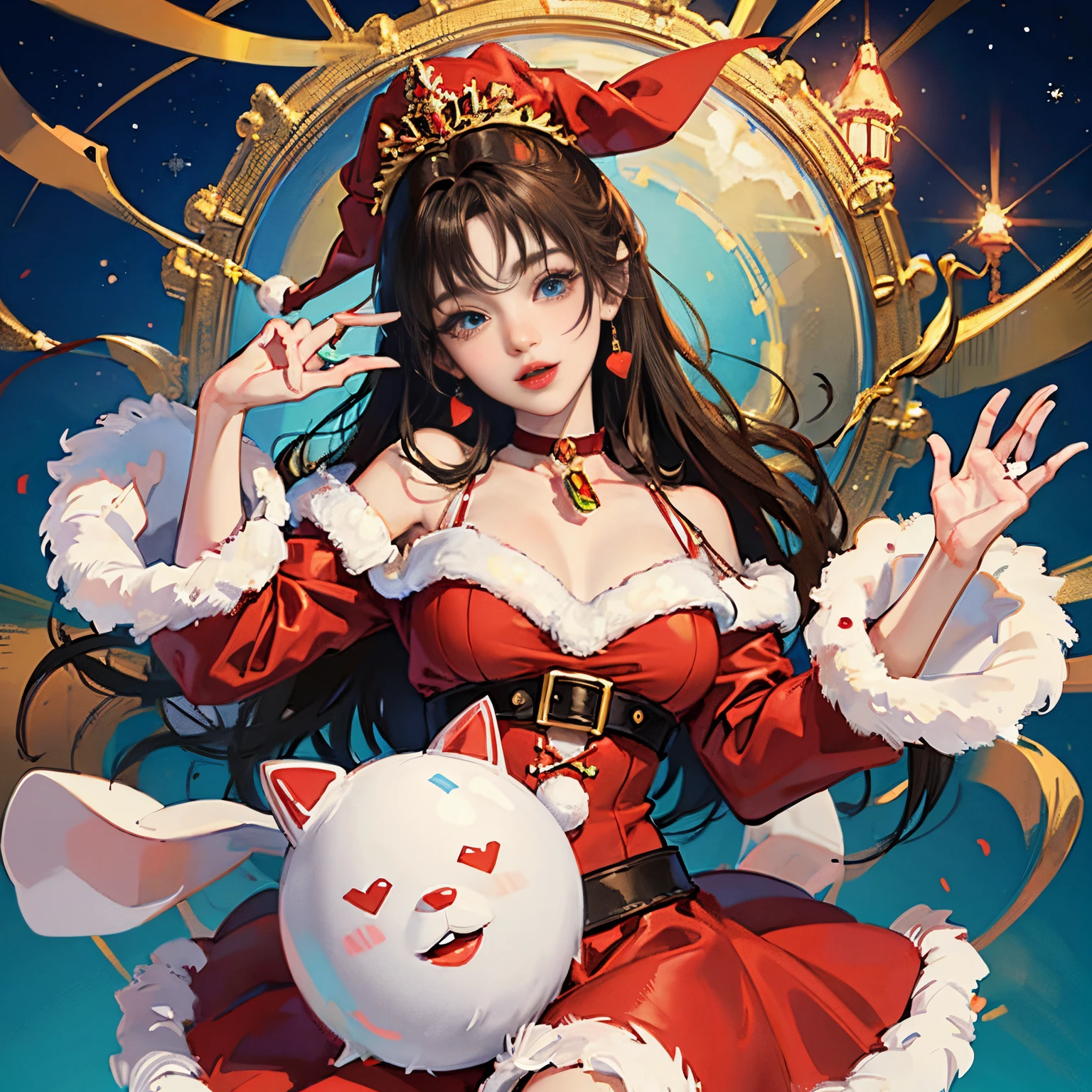 A city of beautiful Christmas lights, Santa girl in red costume of beautiful Santa Claus with blue eyes, Red Santa Skirt、Plump lips, Moles under her eyes, Heart-shaped choker, Computer Graphics Art, High resolution, Highest Quality, Whole body, 8K Character Concept, 32K, pixiv , Illustration, super detailed, Super Detailed Face, Megapixel, Ultra High Definition HDR, Clear, Overdecoration,