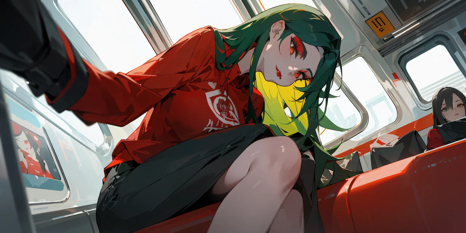 (masterpiece, best quality),1girl sitting on a subway train, looking to the side, subway car door, from below, solo focus, leather jacker, red shirt, long green hair, red lips, black makeup