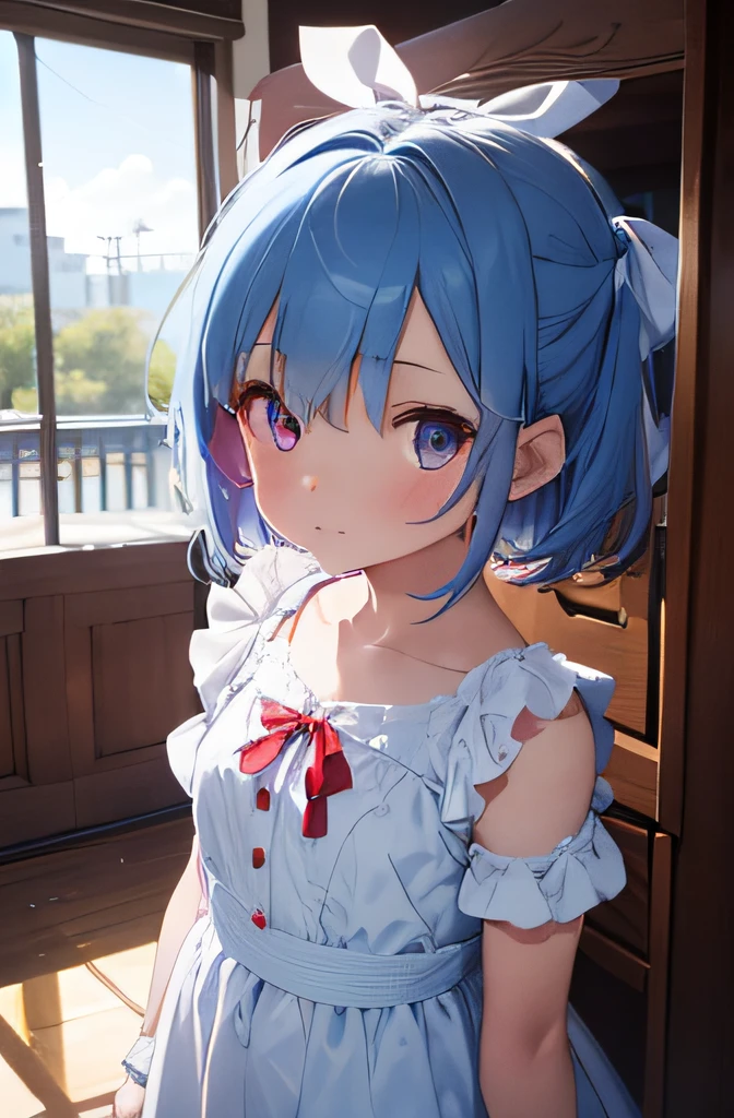 fully body photo,A girl child(3 years old),blue hairs,short-hair,Colorful eyes,White ruffled dress(red ribbon on the back)