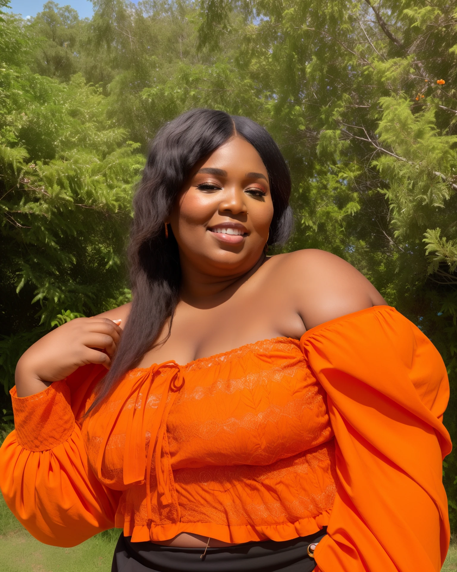 there is a woman that is standing in front of some trees, wearing orange sundress, lizzo, in front of an orange background, wearing an orange jumpsuit, photo of a black woman, beautiful surroundings, wearing orange prison jumpsuit, fluffy orange skin, with the sun shining on it, she is in pure bliss, smooth in _ the background