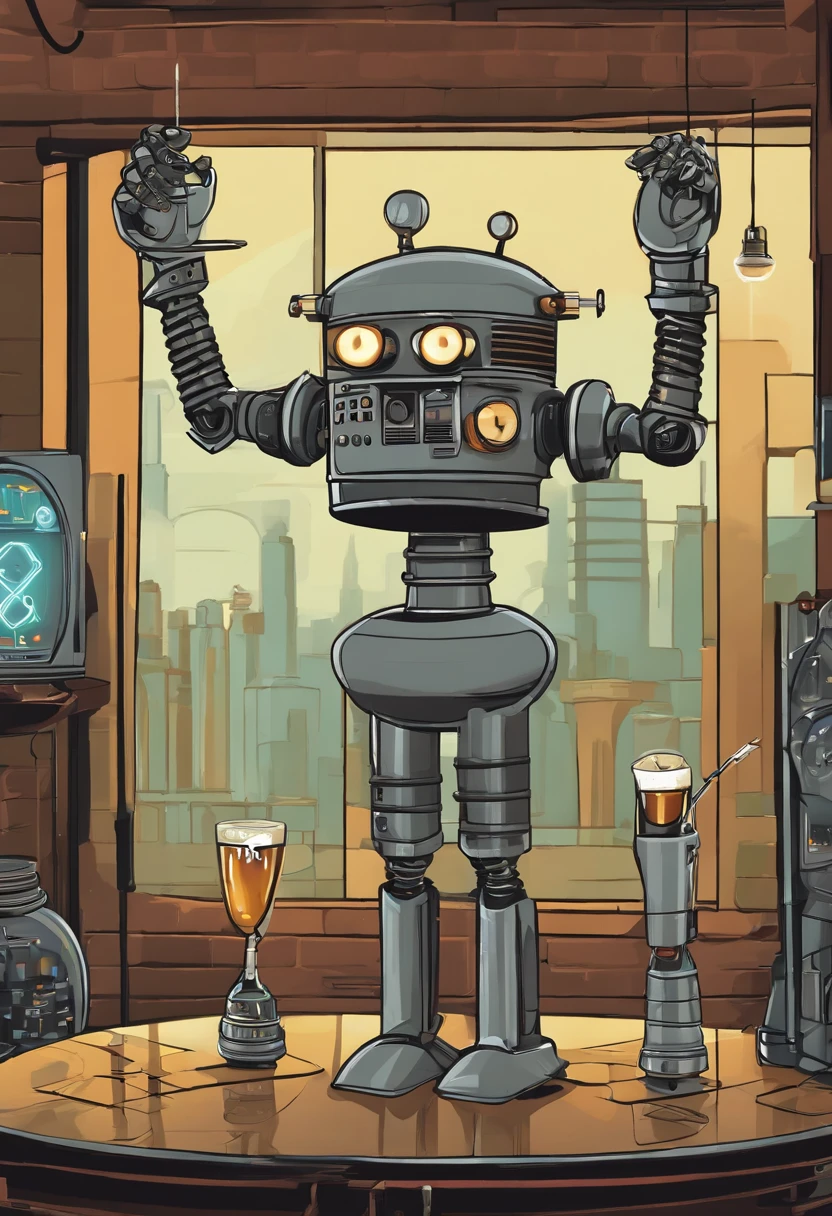 A photo of Bender at a robot dance club,Futurama,He often has a beer and cigar. Being that he is a robot, he doesn’t wear clothes. He is gray and made of simple geometric shapes. His arms are flexible tubes. His body has a "shiny metal ass", two legs, two "Extens-o-matic" arms (right called "Gropie" and left "Cheatie" by Bender) with three fingers each, a head with two replaceable eyes shaped like light-emitting diodes, and a mouth used for fuel intake and voice communication.