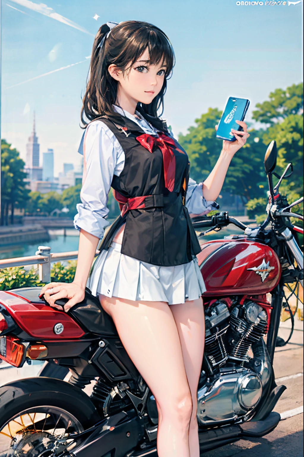 Japan schoolgirl riding motorcycle,a miniskirt、White panty、open legs、show white panties,spread legs,poneyTail、beautiful thigh、her knees are up、I can see white pants.、Beautiful panties、beautiful  Girl、Beautie、Beautie、****con hentai、Beautiful panties、beautiful thigh、beautiful  Girl、Beautie、Happy!!!, , motor cycle,[ photos realistic ]!!, hight resolution,