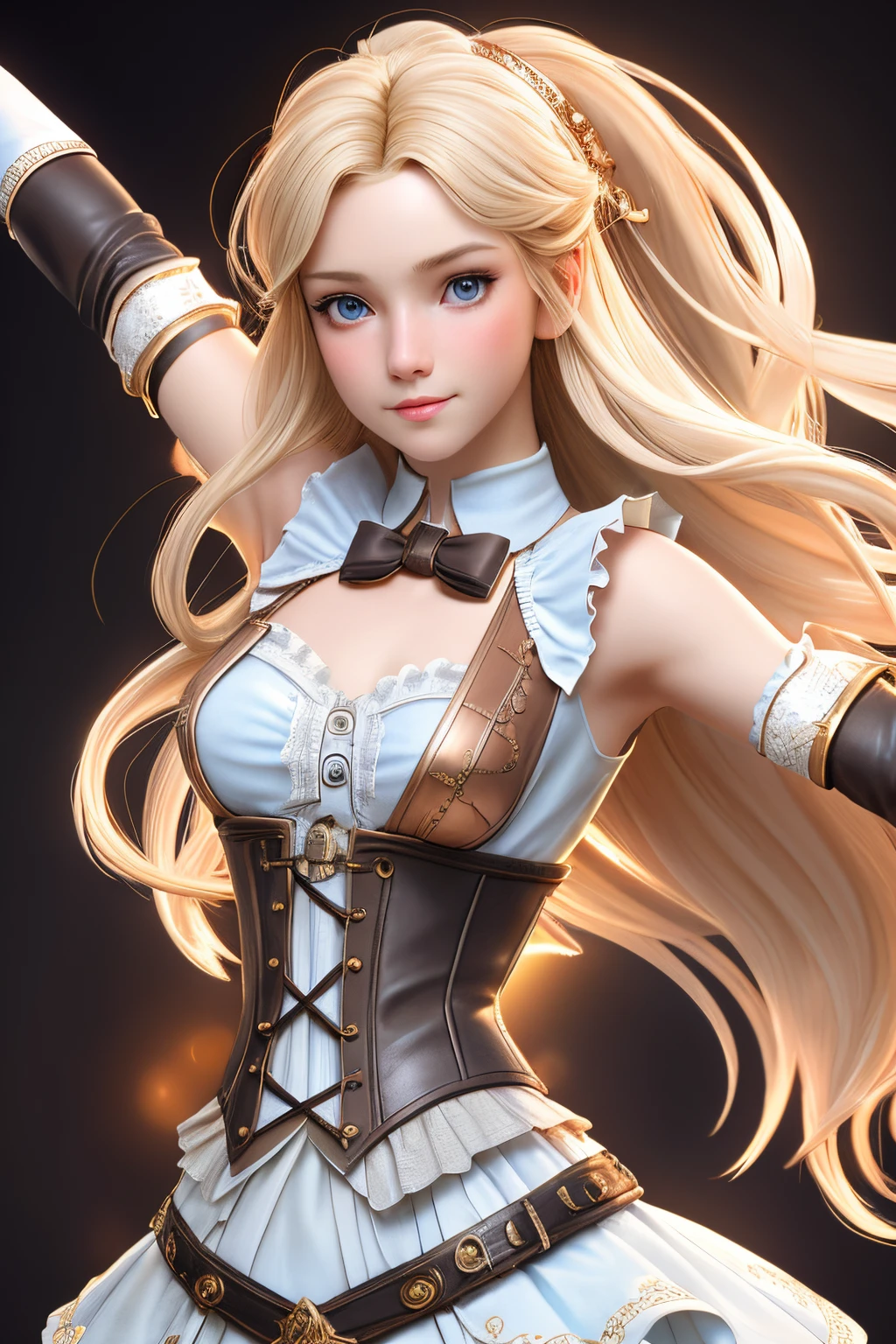 close up 1girl in, ager, Solo, Aesthetic artwork, blond, straight blonde hair, super long blonde hair, light blue eyes, some small freckles, pale skin, A-cup, small breasts, runners body, (thin hips, thin waist: 1.25), detailed skin, shy smile, wearing a steampunk outfit with lace, leather corset, ornamental copper parts, portrait, blaster, (action shot dancing:1.2), 50mm, 4k textures, soft cinematic light, RAW intricate, elegant, highly detailed, sharp focus, ((((cinematic look)))), soothing tones, insane details, intricate details, hyperdetailed, low contrast, soft cinematic light, dim colors, exposure blend, hdr, faded