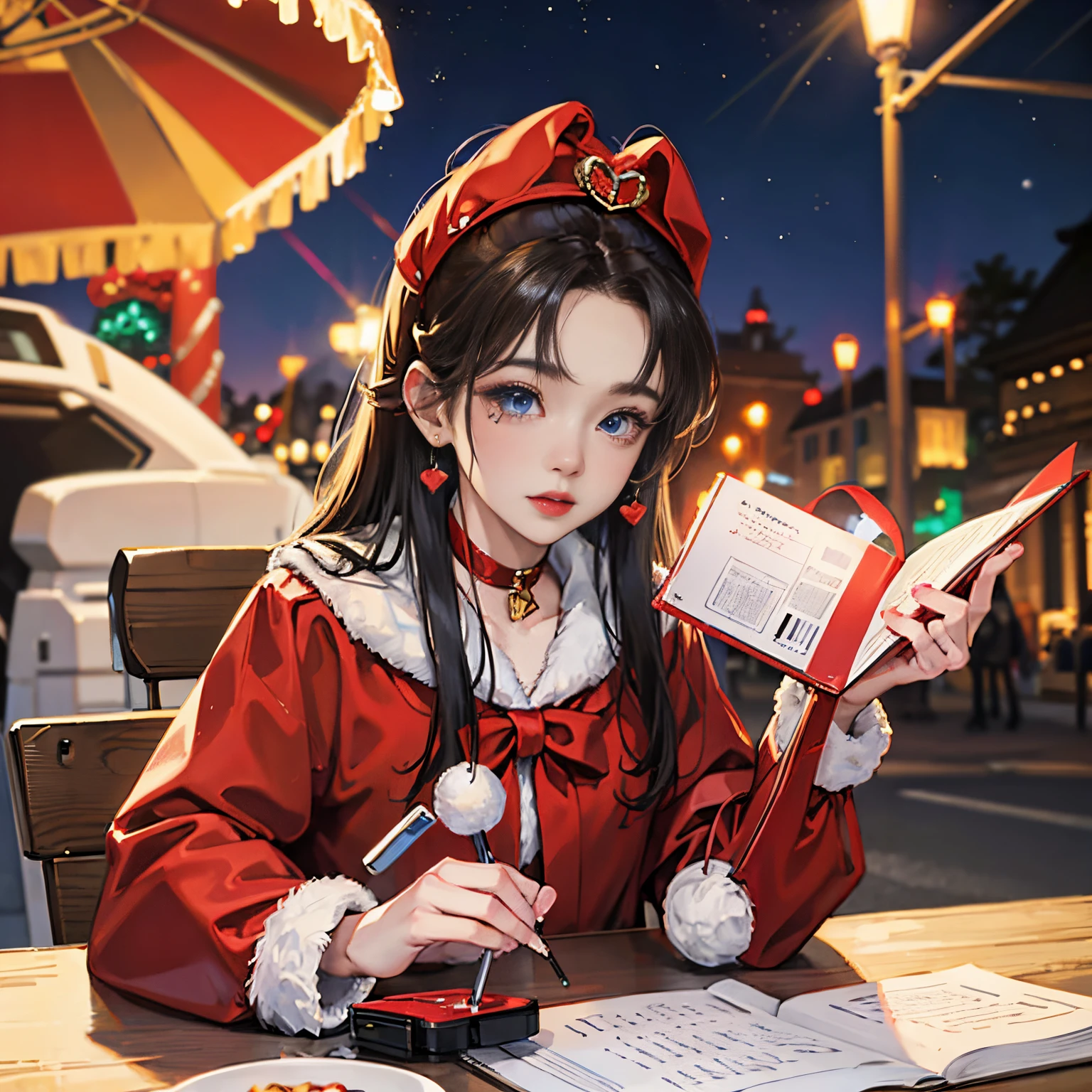 A city of beautiful Christmas lights, Santa girl in red costume of beautiful Santa Claus with blue eyes, Red Santa Skirt、Plump lips, Moles under her eyes, Heart-shaped choker, Computer Graphics Art, High resolution, Highest Quality, Whole body, 8K Character Concept, 32K, pixiv , Illustration, super detailed, Super Detailed Face, Megapixel, Ultra High Definition HDR, Clear, Overdecoration,