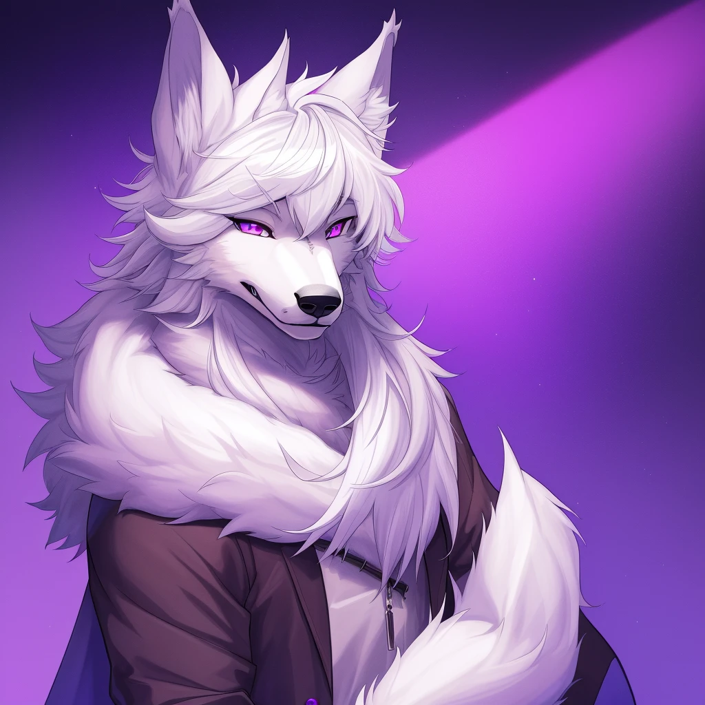 Masterpiece, best quality, Wolf_male, detailed_fluffy_fur, uploaded_to_e621, antro, furry_male, Masterpiece, Best_quality, solo, (Antro), kemono art style, sfw, White fur, Purple Fur, Purple eyes,