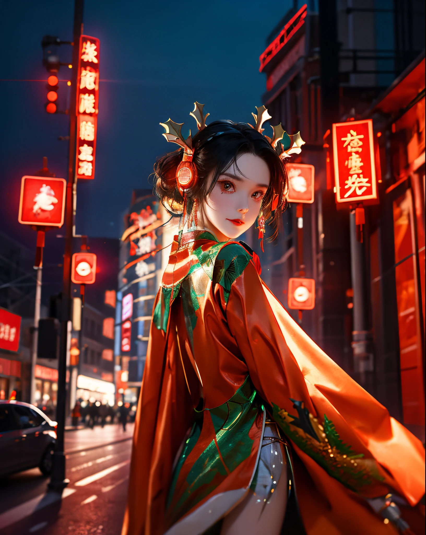 1 girls, Chinese_clothes, metallic titanium and red, cyberhan clothing, chinese cheongsam, chinese elements, lanterns, cyberpunk city, dynamic pose, detailed luminous headphones, glowing hair accessories, long hair, glowing earrings, glowing necklace, cyberpunk, high-tech city, full of mechanical and futuristic elements, futurism, technology, glowing neon, orange, orange light, fluorescent orange, skirt, cape, coat, laser, digital background, urban sky, big moon, with vehicles, best quality, Masterpiece, 8K, Character Edge Light, Super High Detail, High Quality, The Most Beautiful Woman in Mankind, Micro Smile, Face Facing Front Left and Right Symmetry, Ear Decoration, Beautiful Pupils, Light Special Effects, Visual Data, Pick and Dye Orange, Dye Hair, Ultra Detail Facial Texture, Happy Proud, Weapon System, Mecha Style, Crowded Pedestrians on the Street, Mechanical Wings, Super Light and Shadow, ((christmas theme:1.4)), looking back viewer.