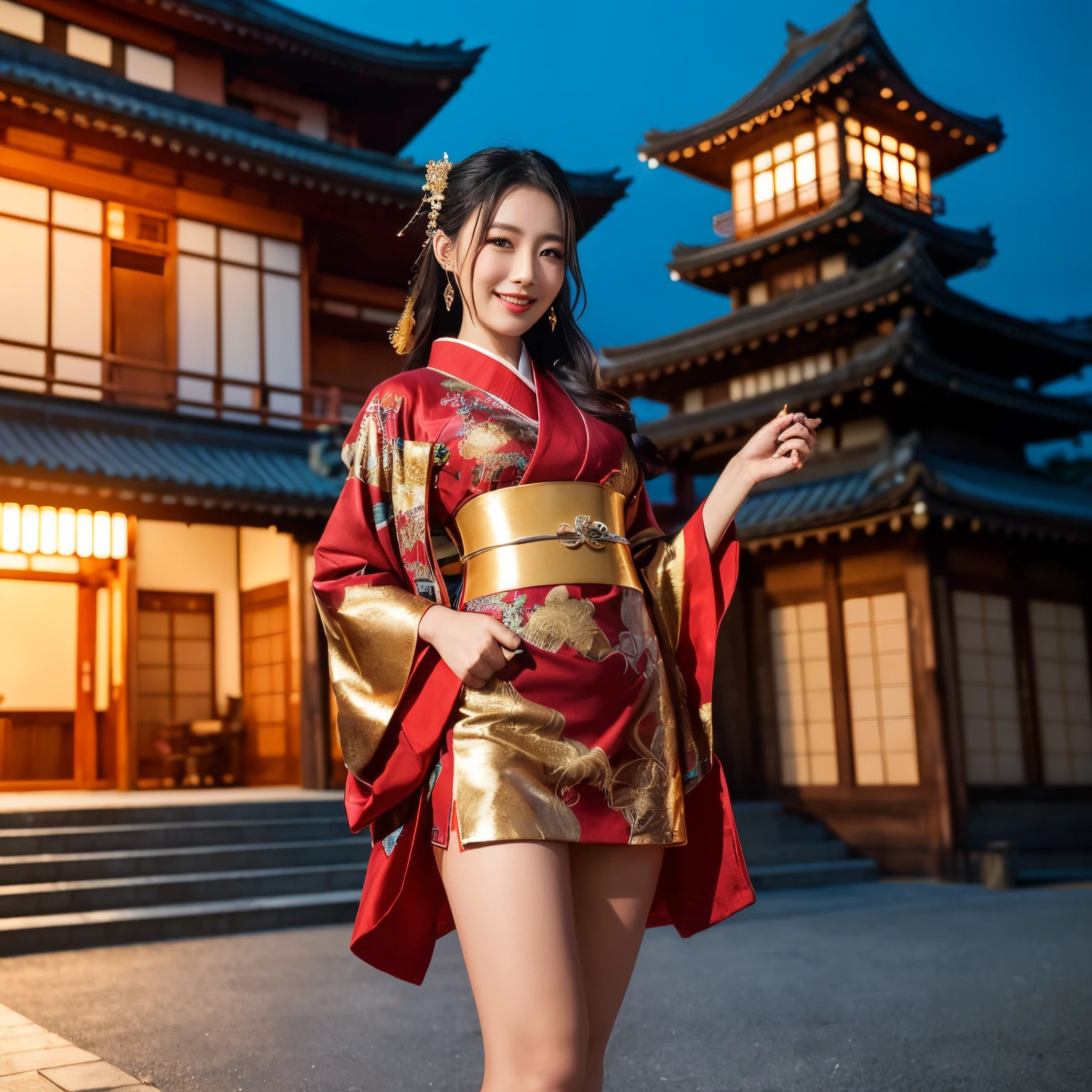 ((top-quality、masutepiece、8K、Top image quality、Very complex and detailed details))、(1 beauty、Luxurious long-sleeved kimono、luxurious courtesan kimono、Very glossy、very sexy、red lipsticks、Perfect makeup、Oiran's Kimono、Oiran)、(A very intricate and detailed Japanese castle exterior in the background、Standing against the background of a glittering castle、stand at the entrance of the castle、Castle lit up、Incredibly luxurious and luxurious castle、A castle with Niwa lacquerware and gold decorations、the most luxurious and splendid castle、The most luxurious and glittering castle、Beautiful Niwa-lacquered castle pillars、Exterior of Niwa-nuri Castle、luxury tile roof、Gold decoration of Niwa-nuri Castle、incredibly luxurious castle、Golden decoration、red and gold castle、Luxurious Japanese castle in red and gold、red glowing castle、red lantern lighting、castle at night、Pitch black night、deep in the night、castle illuminated in the dark、the most glittering and luxurious)、(Take a photo of her from the knees up、Perfect gas chamber、A smile、Smile)