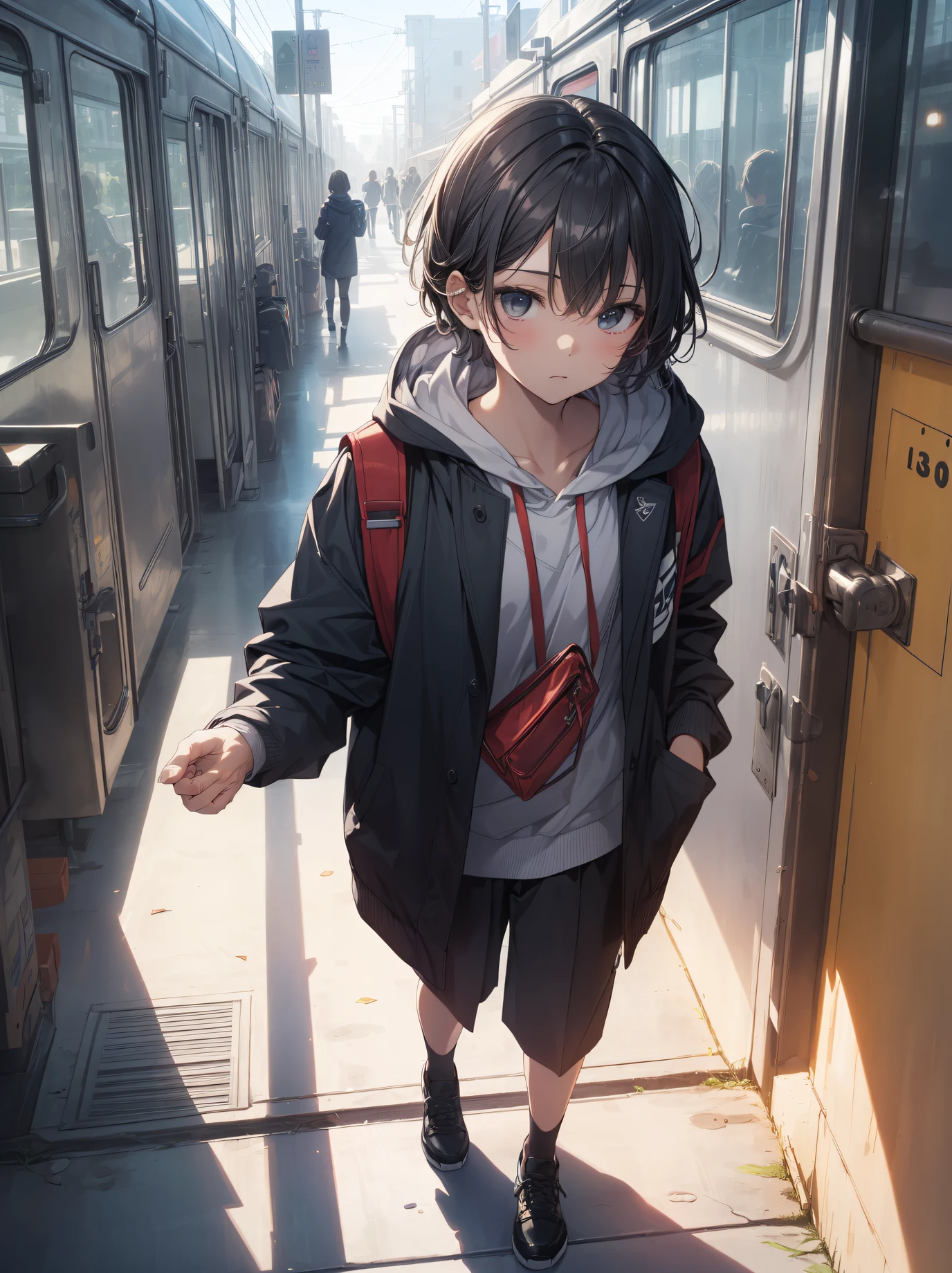((top quality, anime, ultra-detailed,high resolution,extremely detailed CG,unity 8k wallpaper, by famous artist, perfect anatomy, super detailed skin, cinematic lighting,)),break,(Please draw a girl walking sleepily to school. :1.3),break, 1girl, (Solo,Loli face,-yeld:1.a junior hinous charm, (Very Short hair), Full limbs, complete fingers,flat chest, Small butt, groin, Beautiful detailed black eyes, disgusted eye, school Uniform, (Detailed Lighting), (Detailed background), (in the School commute route),