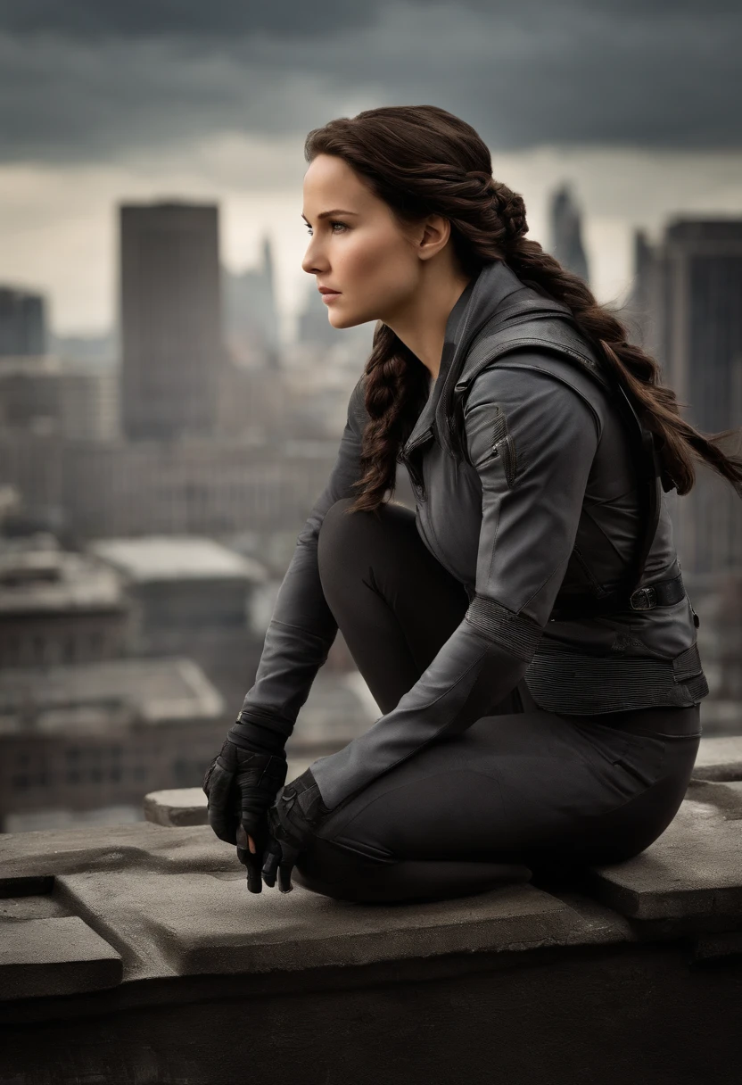 A photo of Katniss standing on an abandoned rooftop, looking out at the city below.,The Hunger Games Trilogy,Katniss Everdeen, the protagonist of “The Hunger Games,” is characterized by her athletic build, olive skin, dark hair often styled in a practical braid, and striking grey eyes, reflecting her resilience and resourcefulness. Her appearance is marked by a blend of toughness and understated beauty, often wearing simple, functional clothing that suits her pragmatic and independent nature.
