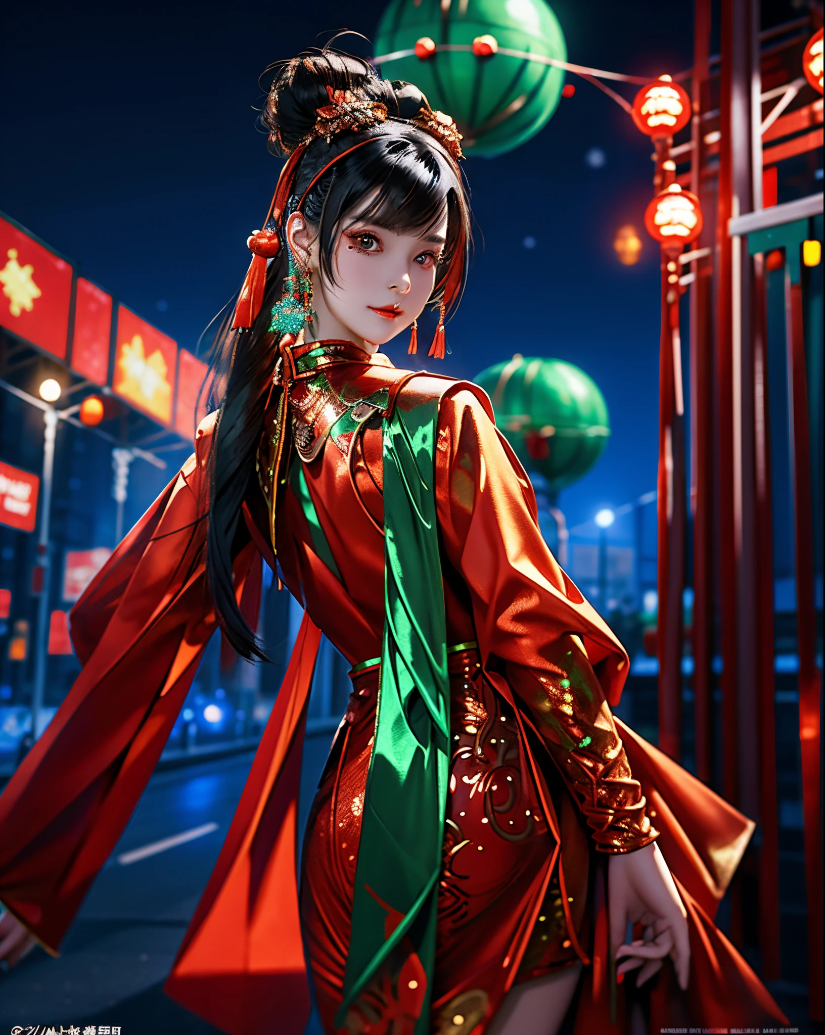 1 girls, Chinese_clothes, metallic titanium and red, cyberhan clothing, chinese cheongsam, chinese elements, lanterns, cyberpunk city, dynamic pose, detailed luminous headphones, glowing hair accessories, long hair, glowing earrings, glowing necklace, cyberpunk, high-tech city, full of mechanical and futuristic elements, futurism, technology, glowing neon, orange, orange light, fluorescent orange, skirt, cape, coat, laser, digital background, urban sky, big moon, with vehicles, best quality, Masterpiece, 8K, Character Edge Light, Super High Detail, High Quality, The Most Beautiful Woman in Mankind, Micro Smile, Face Facing Front Left and Right Symmetry, Ear Decoration, Beautiful Pupils, Light Special Effects, Visual Data, Pick and Dye Orange, Dye Hair, Ultra Detail Facial Texture, Happy Proud, Weapon System, Mecha Style, Crowded Pedestrians on the Street, Mechanical Wings, Super Light and Shadow, ((christmas theme:1.4)), full body pose