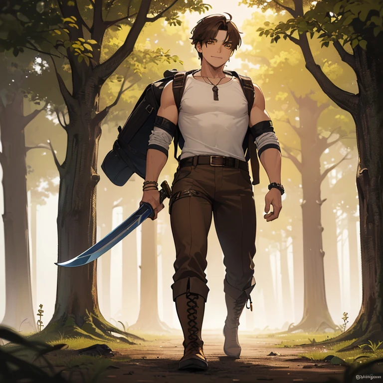 ((1 boy, brown hair, brown pants, no shirt, a bracelet on his arms, a backpack on his back, with a boot, with a belt with a sword)),((muscle, standing, walking)),(( yellow eyes, happy face)),((in the haunted forest at night)),