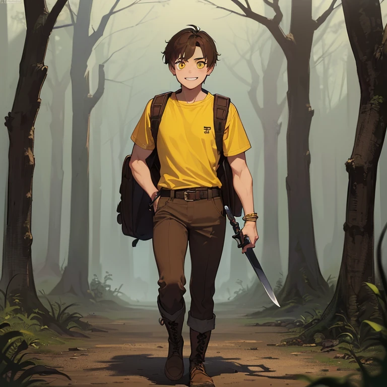 ((1 boy, brown hair, brown pants, no shirt, a bracelet on his arms, a backpack on his back, with a boot, with a belt with a sword)),((muscle, standing, walking)),(( yellow eyes, happy face)),((in the haunted forest at night)),