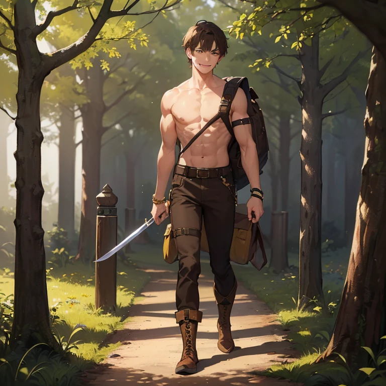 ((1 boy, brown hair, brown pants, no shirt, a bracelet on his arms, a backpack on his back, with a boot, with a belt with a sword)),((muscle, standing, walking)),(( yellow eyes, happy face)),((in the haunted forest at night)),