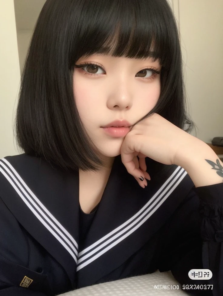 Un primer plano de una persona con un tatuaje en el brazo, ulzzang, Peinado blanco de corte hime, Ella tiene el pelo ????? con flequillo, Cabello ????? Hime cortado, El Corte Hime, Chica coreana, con el pelo corto, cruel korean goth girl, Chica de anime en la vida real, Shikamimi, Wan adorable cara coreana, 🤤 girl portrait, con pelo corto con flequillo