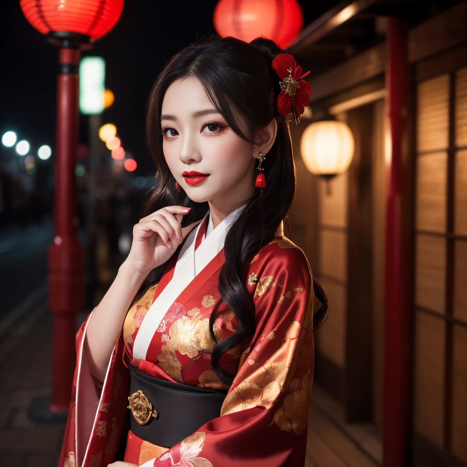 ((top-quality、masutepiece、8K、Top image quality、Very complex and detailed details))、1 courtesan、花魁、Oiran、Luxury Oiran Kimono、Luxurious long-sleeved kimono、The background is a garrison、You Guo、Custom Street、Smile at the camera、Photo from the waist up、Recreating the perfect red light district details、1 photo、Night Sex District、midnight、night excursion、Midnight、murky、Lantern light、red lipsticks、long eyelashes、Perfect makeup、a dark night