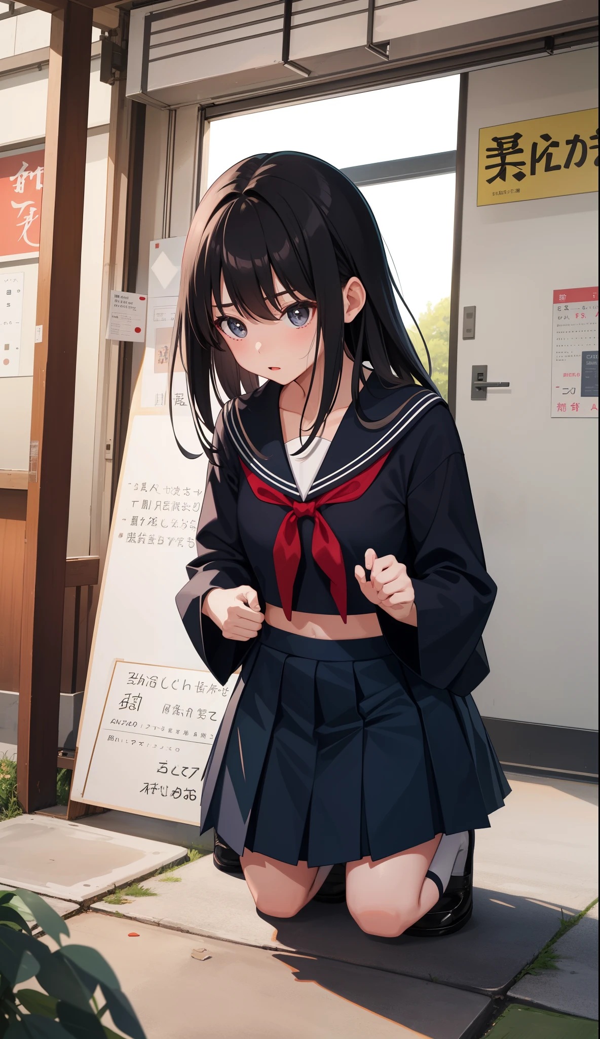 1girl in、AS-Adult、The shirt、skirt by the、（small tits）Japan High School、校服、serafuku、crouching down、Panchira、Upper body portrait、