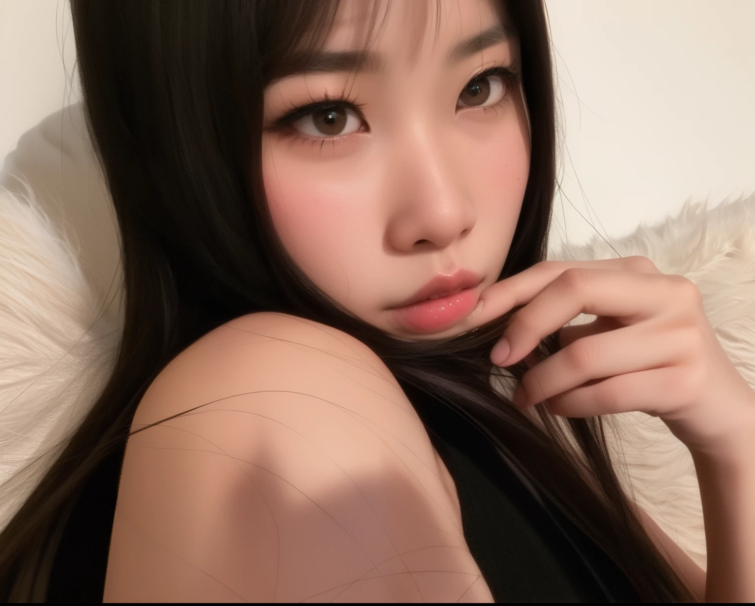 there is a woman with long hair and a black top posing for a picture, Ulzzang, menina coreana, young cute wan asian face, Beautiful Asian girl, Shikami, Asian girl, 🤤 retrato da menina, detailed face of a asian girl, rosto bonito claro, menina bonito-fino-cara, 18 anos, com olhos bonitos