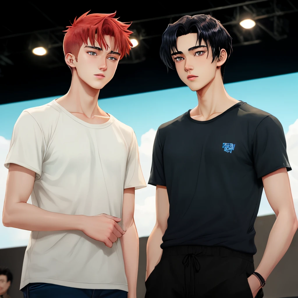 A tall teenage guy with black hair and and blue eyes in love with A short teenage guy with red hair and tan skin manga panel