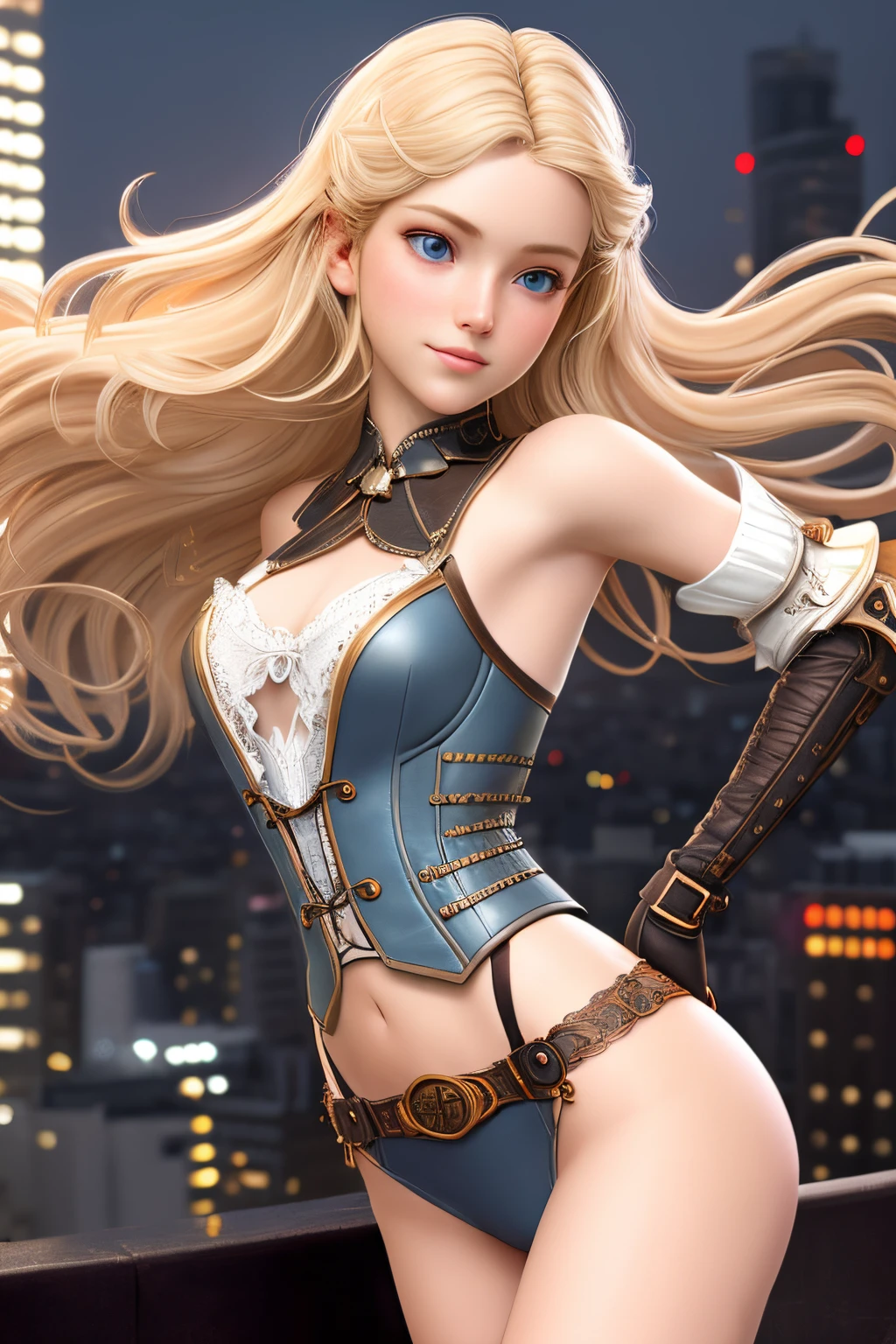 close up 1girl in, teenager, Solo, Aesthetic artwork, blond, straight blonde hair, super long blonde hair, light blue eyes,  some small freckles, pale skin, A-cup, small breasts, runners body, (thin hips, thin waist: 1.25), detailed skin, shy smile, wearing a steampunk outfit with lace, leather corset, ornamental copper parts, portrait, blaster, (action shot dancing:1.2), very detailed city roof background, rooftop, overlooking the city, star filledsky, 50mm, 4k textures, soft cinematic light, RAW intricate, elegant, highly detailed, sharp focus, ((((cinematic look)))), soothing tones, insane details, intricate details, hyperdetailed, low contrast, soft cinematic light, dim colors, exposure blend, hdr, faded