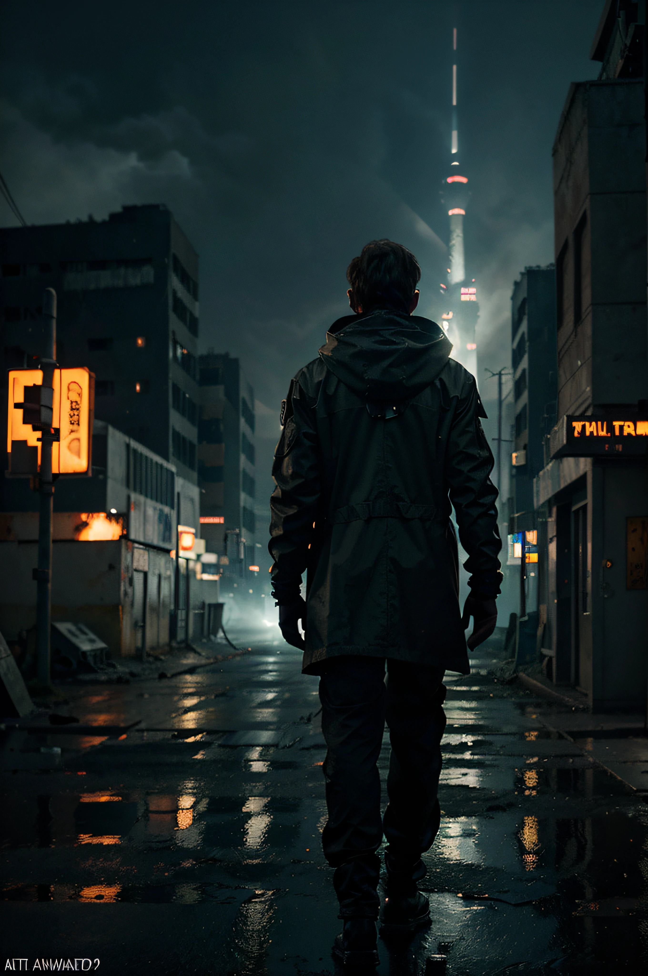 Generate a hyper-realistic image of a man walking alone on a deserted street in Chernobyl after the nuclear accident. The man should be seen from behind, wearing a complete radiation protection suit. The scene should be chaotic and inspired by the sci-fi style, similar to the movie Blade Runner, with richness in textures and details. Include the Chernobyl nuclear plant in the background, with a dystopian and cinematic visual.

Additional parameters:
- Art Style: Sci-fi, Blade Runner
- Lighting: Cinematic, highlighting the character and creating realistic shadows.
- Textures: Realistic details on the protection suit, buildings, and the desolate landscape.
- Environment: Add elements reminiscent of the nuclear disaster, such as ruin and degradation.
- Color: Use a dark and futuristic color palette, with emphasis on neon tones.
- Focus: Focus on the character and the nuclear plant, emphasizing loneliness and the post-apocalyptic environment. Make sure the generated image is high-resolution and captures the desired sci-fi atmosphere. Experiment with adjusting the parameters as needed to achieve the desired result.