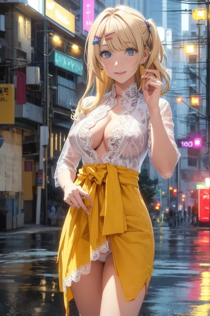 ShirakawaRuna, 1girl, blonde hair, multicolored hair, bangs, one side up, long hair, blue eyes, hairclip, jewelry, earrings,masterpiece,best quality,night view,rainy,cyberpunk city,wet clothes, kebaya_bali,yellow_kebaya_bali,large ,happy expression,(show nipples,transparent dress ,show armpits,get raped by 1 manrt lift:1.4),(white lace panties:1.4),lookinewer