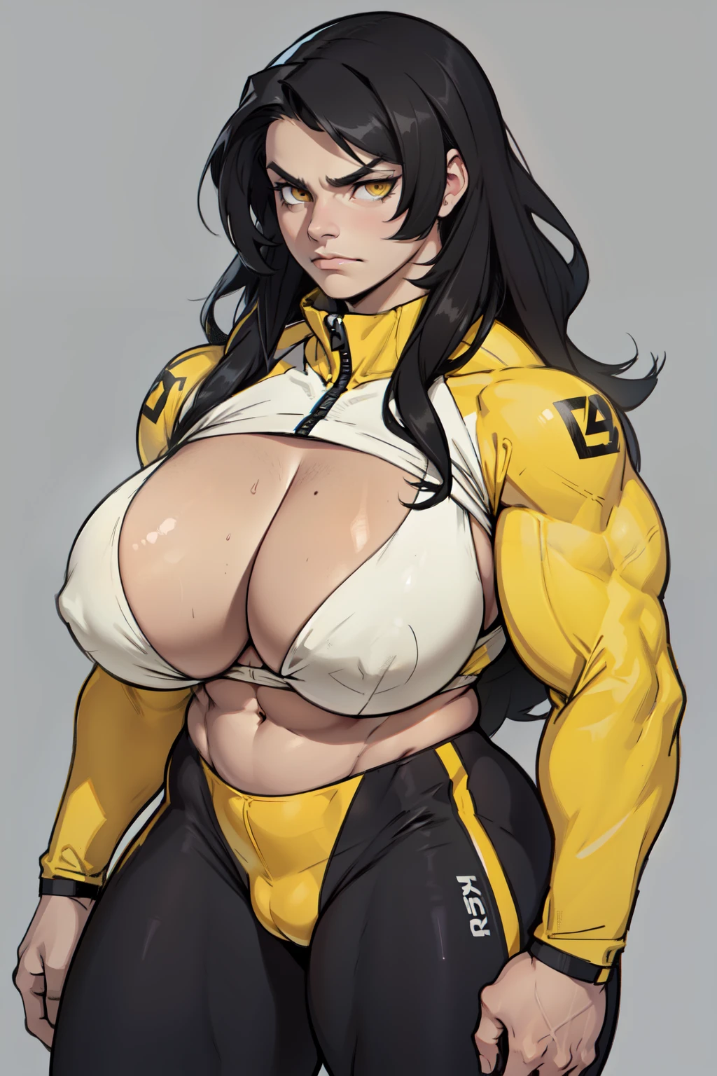 ((1girl)) (huge breasts) pale skin (muscular) toned body thick thighs black hair yellow eyes (long hair grey background) bodybuilder frowning