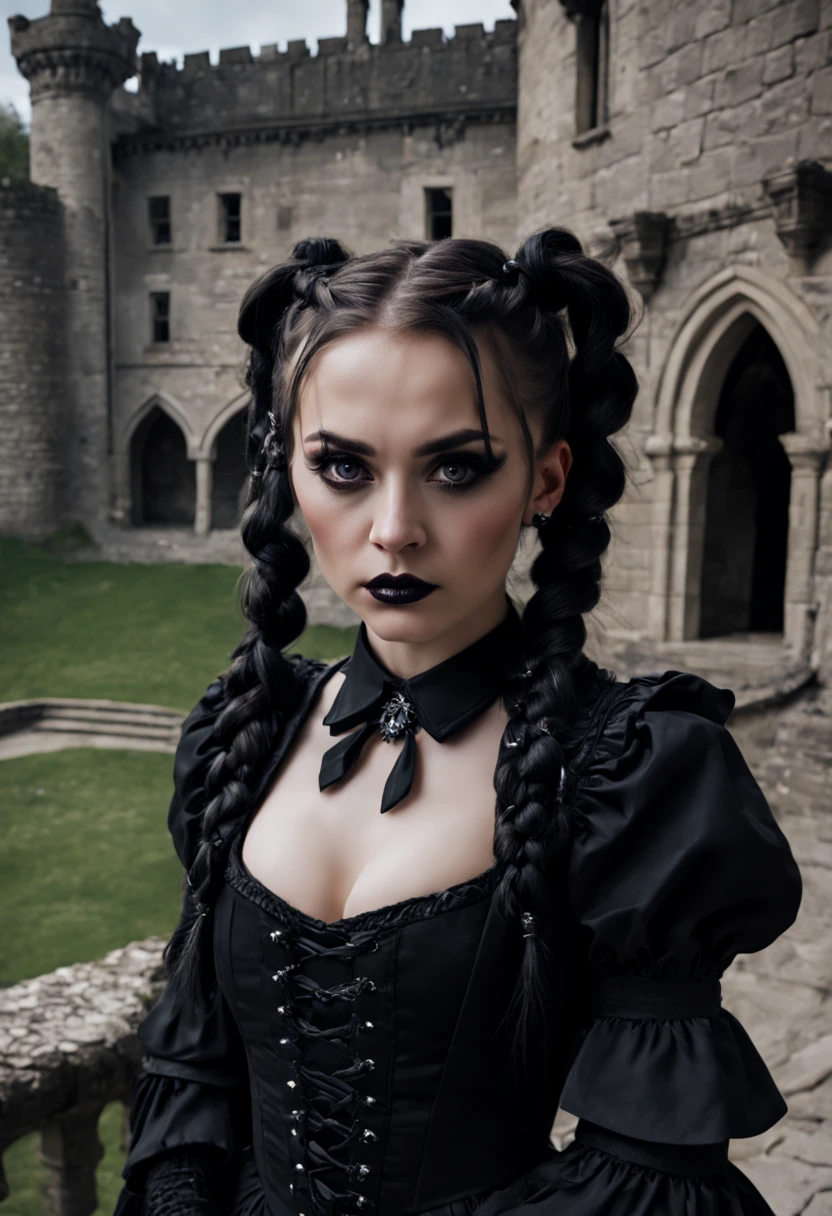 photo of (ohwx woman) as Wednesday Adamas, wearing gothic clothes, braided pigtails, in a castle, sharp focus, looking at the camera, makeup, cinematic look,