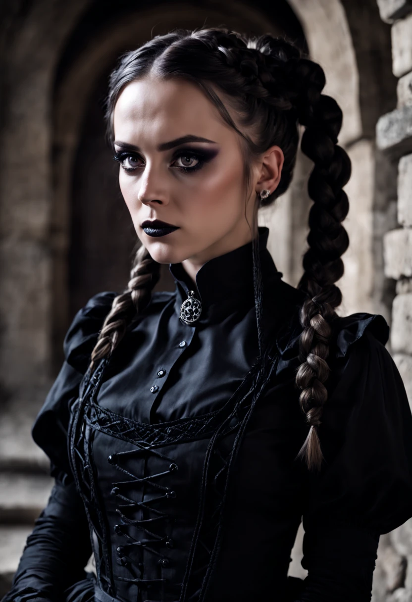 photo of (ohwx woman) as Wednesday Adamas, wearing gothic clothes, braided pigtails, in a castle, sharp focus, looking at the camera, makeup, cinematic look,