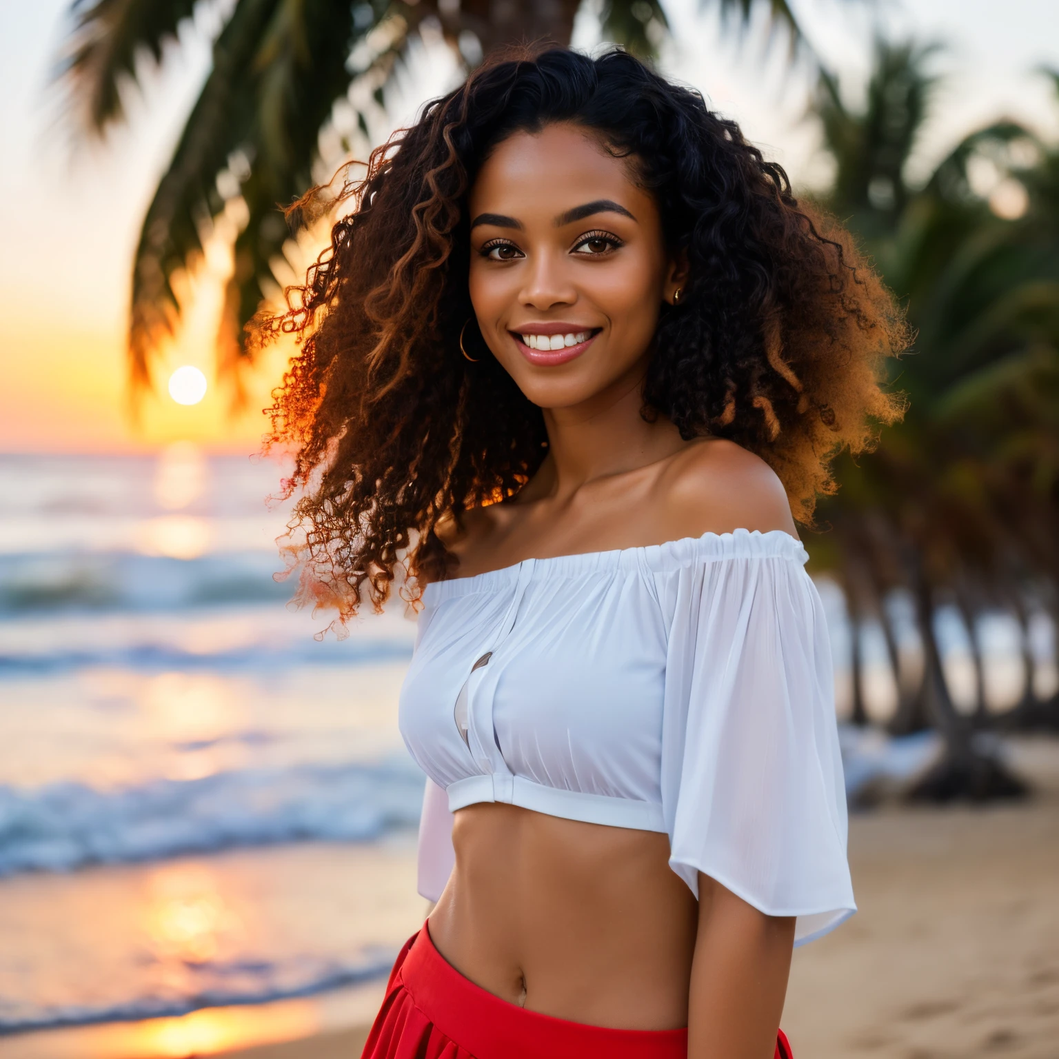 (straight most of the body: 1.4), RAW UHD portrait photo of a 60-year-old cubana! colored girl, mulatta, (green-eyed woman), dancing along the beach in sunset, palm trees, slim body, dance pose, white blouse, red short skirt, details (textures! curly very black long hair! color!! , disadvantages: 1.1), glossy eyes with high detail (looking at the camera), SLR lighting, SLR camera, ultra-quality, sharpness, depth of field, film grain (center), Fujifilm XT3, 35mm crystal clear, frame center, normal but nice looking face without makeup, sharp focus, orange sunset, bokeh (dimly lit), night, (night sky), detailed skin pores! oily skin, brown skin, complex eye details, full body, small breasts, smiling, some defects in the skin!