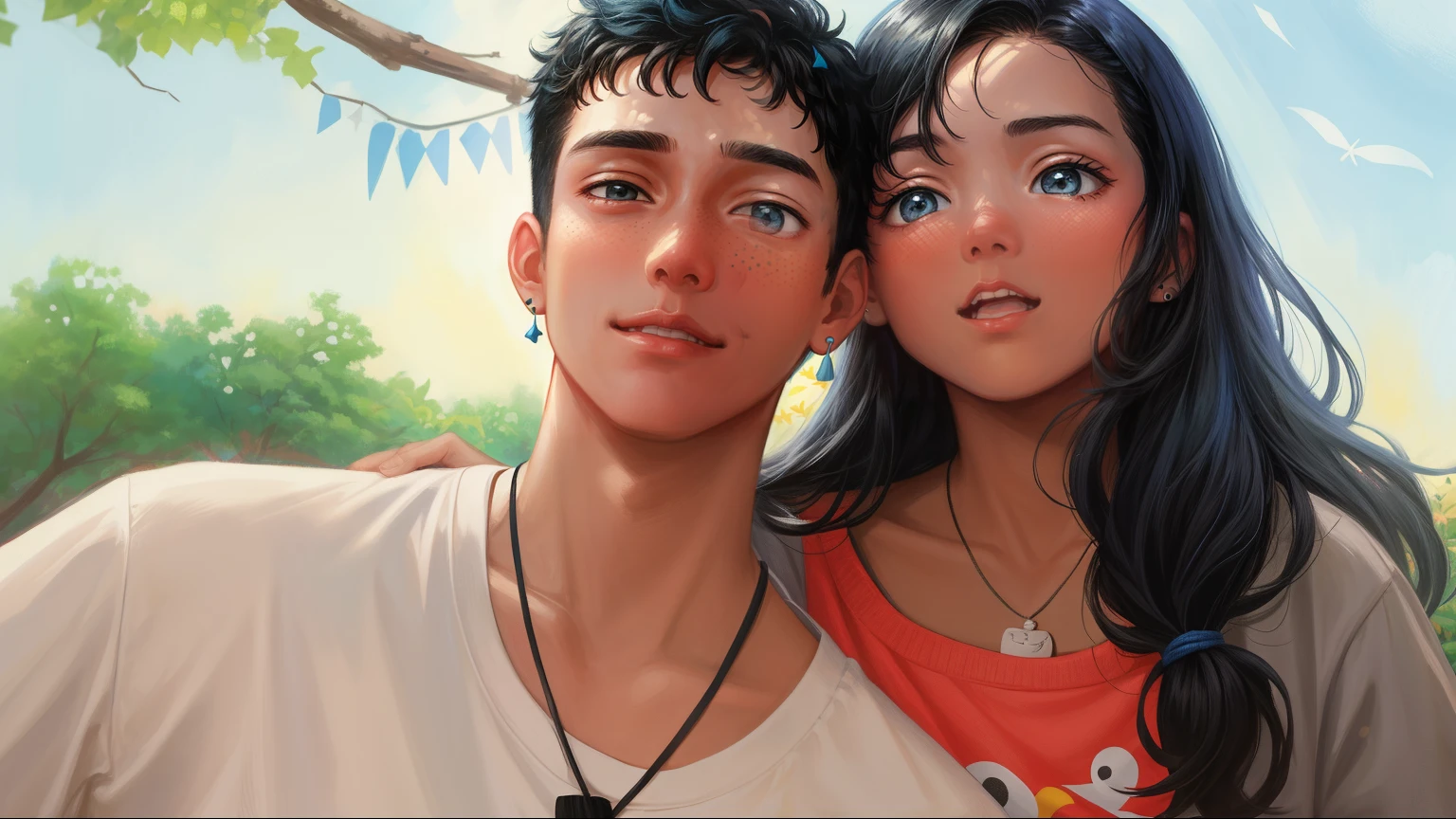 Disney pixar posts the boy is wearing a gray shirt and there are white and black dots on the shirt. The boy is wearing an earring on his left ear. His girlfriend is on the left side of the boy.  There is a row of leaves on the right hand side of the boy behind them both, behind which is a blue sky.