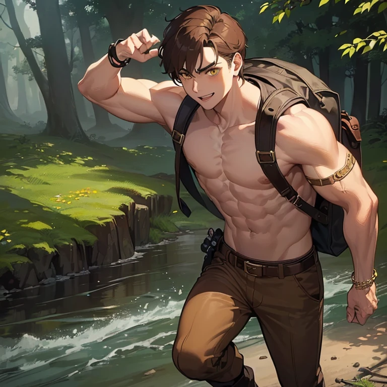 ((1 boy, brown hair, brown pants, no shirt, a bracelet on his arms, a backpack on his back, with a boot, a belt with a sword)), ((muscle, killing a monster in a river)), ((yellow eyes, happy face)),((in the haunted forest at night)),
