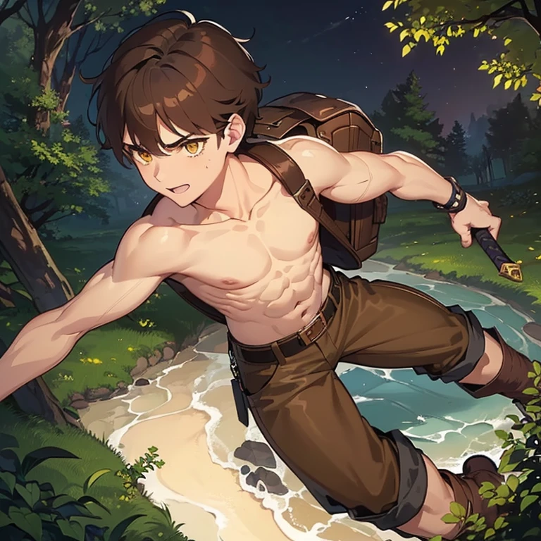 ((1 boy, brown hair, brown pants, no shirt, a bracelet on his arms, a backpack on his back, with a boot, a belt with a sword)), ((muscle, killing a monster in a river)), ((yellow eyes, happy face)),((in the haunted forest at night)),