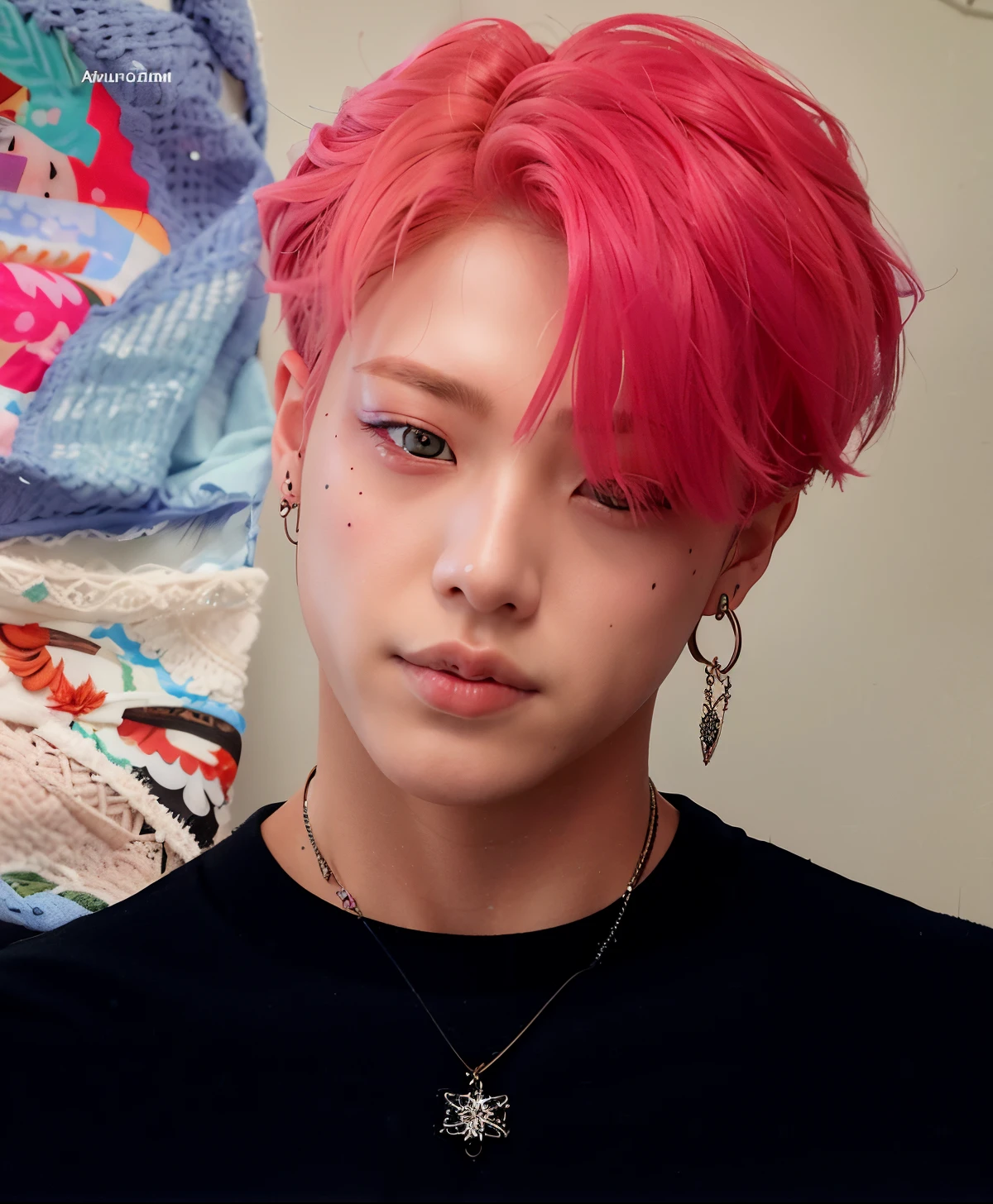a close up of a person with a pink hair and a cross necklace, park jimin, jimin\'s plump lips, accurate jimin face, jimin, jimin\'s right eyelid swollen, jimin\'s grecian nose, portrait of jossi of blackpink, hyung tae, with pink hair, taejune kim, with same hairstyle, portrait of kpop idol