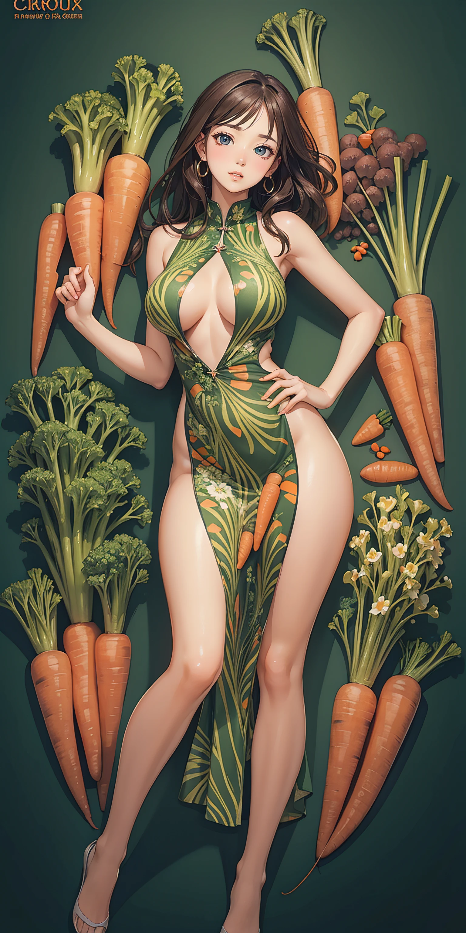 (masterpiece, best quality, ultra-detailed, photorealistic), 1 girl, curvaceous but slender body, printed dress, carrots, broccolis, abstract background, hands on hips, contrappposto, bold, vibrant