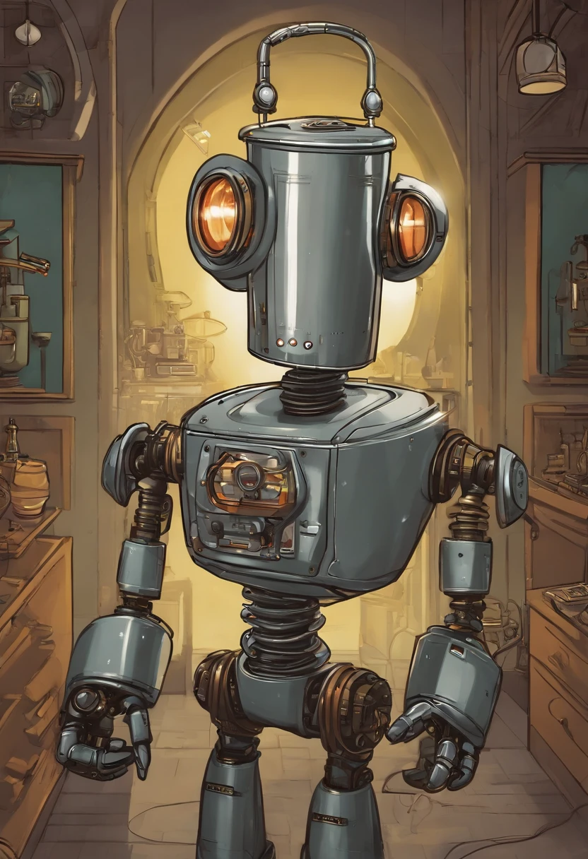 A photo of Bender at a robot dance club,Futurama,He often has a beer and cigar. Being that he is a robot, he doesn’t wear clothes. He is gray and made of simple geometric shapes. His arms are flexible tubes. His body has a "shiny metal ass", two legs, two "Extens-o-matic" arms (right called "Gropie" and left "Cheatie" by Bender) with three fingers each, a head with two replaceable eyes shaped like light-emitting diodes, and a mouth used for fuel intake and voice communication.