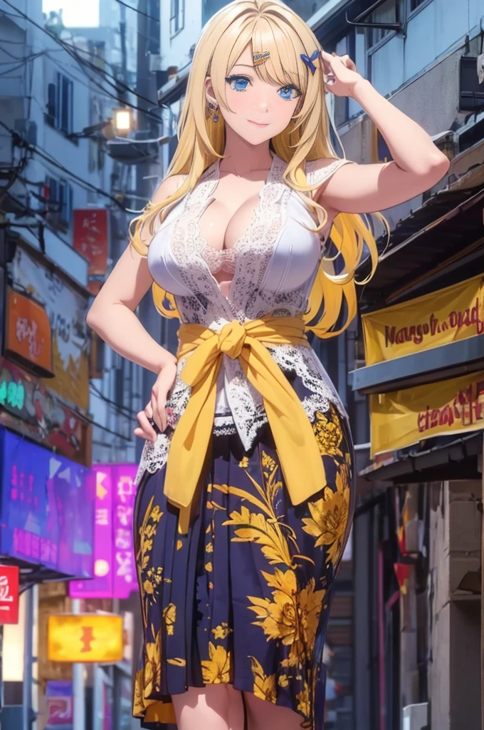ShirakawaRuna, 1girl, blonde hair, multicolored hair, bangs, one side up, long hair, blue eyes, hairclip, jewelry, earrings,masterpiece,best quality,night view,rainy,cyberpunk city,wet clothes, kebaya_bali,yellow_kebaya_bali,(large breasts:1.4),happy expression,show nipples ,transparent dress ,show armpits,get raped by 1 man,(skirt lift:1.3),(white lace panties:1.2),looking at viewer