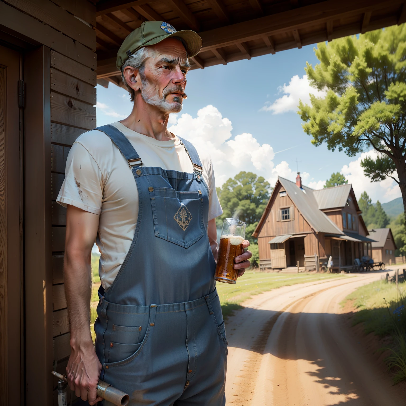 there is wrinkly old man covered in dirt having a break from farm work, he is wearing blue overalls and brown boots that are covered in dirt, he has a patterned shirt under the overalls he is wearing. he is drinking a bottle of beer and smoking a cigarette in the shadow of an oak tree, there is cornfield seen in the background, also a red farmhouse building, the lighting in this scene is sunny warm summerday that sets a vibrant clear light, style is realistic