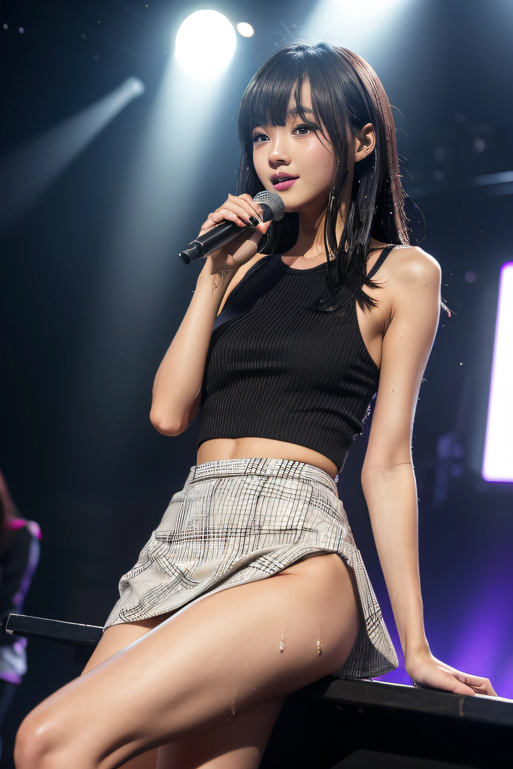 araffes of girls in black and white outfits on a stage, korean idol, slim legs, photo of slim girl, long thin legs, performing on stage, sexy-s 100, photo of slim girl model, mini-skirt, bbwchan, korean girl, trending at cgstation, very beautiful slim legs, round thighs, slim, beautiful slim legs (wet), (it's wet), (very wet)