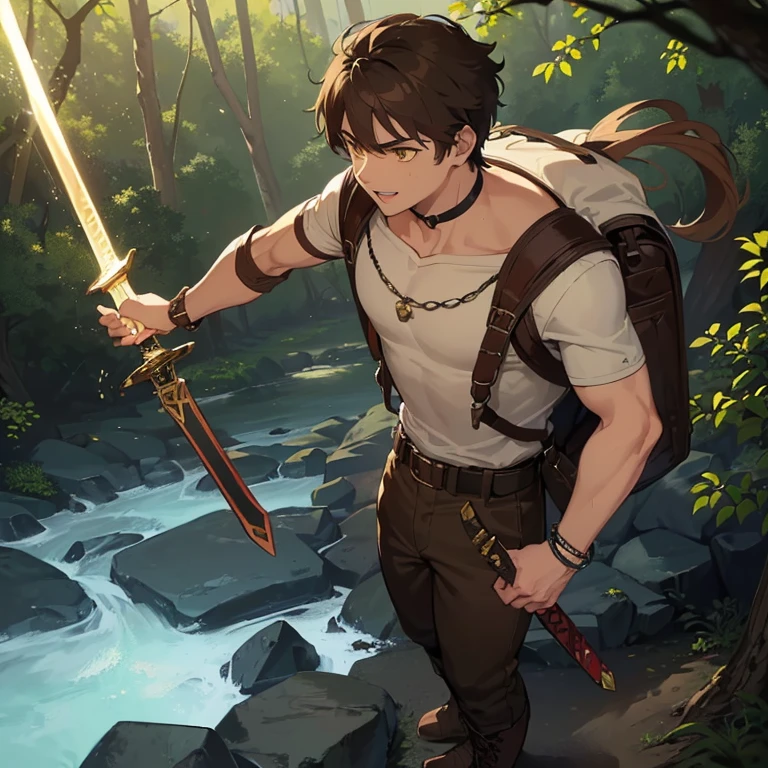 ((1 boy, brown hair, brown pants, no blouse, a bracelet on his arms, a backpack on his back, with a boot, a belt with a sword)),((muscle)),((yellow eyes, happy face )),((attacking a monster, killing a monster in a river in the haunted forest at night)),