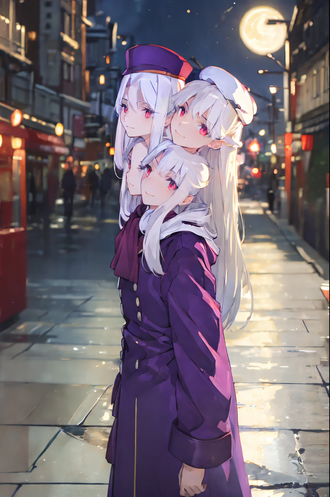 (3heads:1.6), best quality, (masterpiece:1.2), highly detailed,
fate/stay background, night, city, moon,
illyasviel von einzbern ubw,
1girl, solo, standing, looking at the viewer, closed mouth, smile,
long hair, white hair, red eyes,
purple coat, hat, white scarf