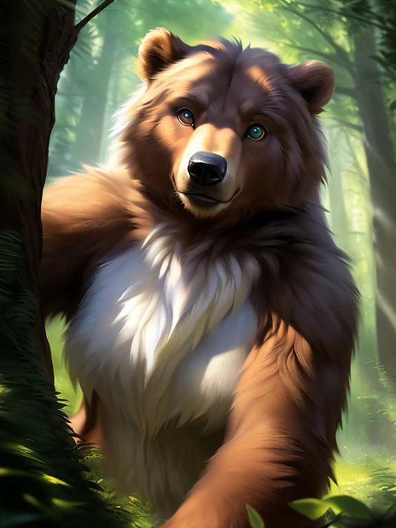 ((solo)), (photo realistic:1.3), dynamic  portrait of  a strong ((female anthro furry bear ranger )) in front of magic deep forest portal, she is wearing provocative clothing, holding a random fruit,  (((genuine, proud, detailed face, detailed clear eyes and pupils,  detailed hair, (fluffy))), (magical vibe), hair, tuft ), insane details, 8k,  unreal engine, cold green volumetric light,  masterpiece , blurred background, cinematic composition.(detailed Chunie lighting), (detailed fur), (((crepuscular ray))), adorable paws:1.3, realistic proportion, mist,