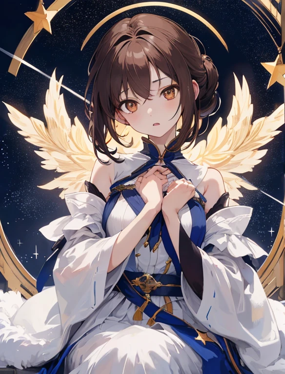 anime girl, short brown hair, hair up to the shoulders, without bangs, no hair on forehead, golden eyes, a closeup of a, higly detailed, night  sky, Starry sky, A lot of stars, The girl holds a star in her open palms, beatiful face, Dark clothing, 电影灯光, digital arts, A hyper-realistic, 电影灯光, 8K, ultra realisic, Goddess of the Stars