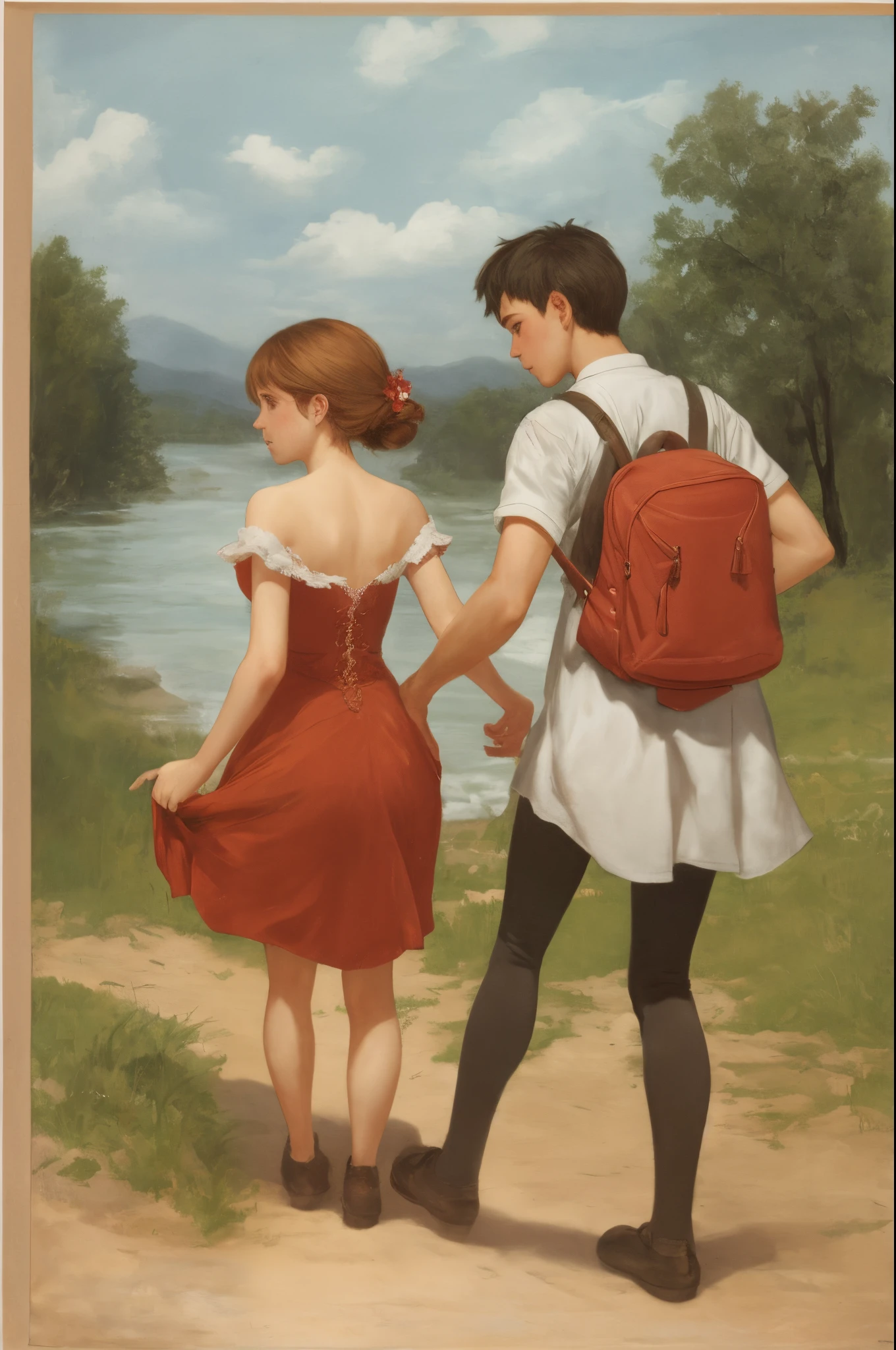 The girl pulls the boy forward and rushes forward,posterior view,2d