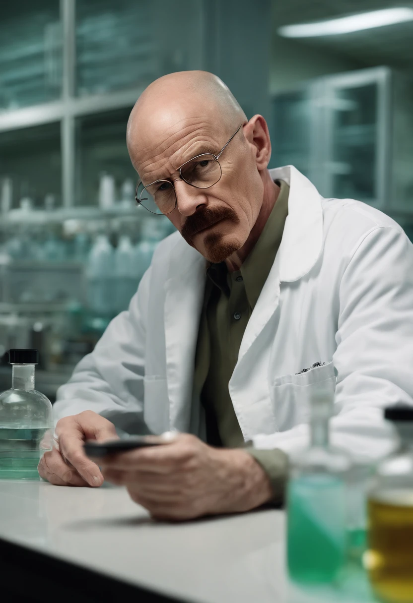 A close-up shot of Walter mixing chemicals in a lab,Breaking Bad,Walter White, the central character of “Breaking Bad,” undergoes a dramatic transformation in appearance: from a meek, unassuming high school chemistry teacher with a mustache and glasses, to the bald, bearded figure known as “Heisenberg,” exuding menace and authority. His wardrobe shift from nondescript, muted clothing to darker, more assertive attire mirrors his descent into the criminal world.