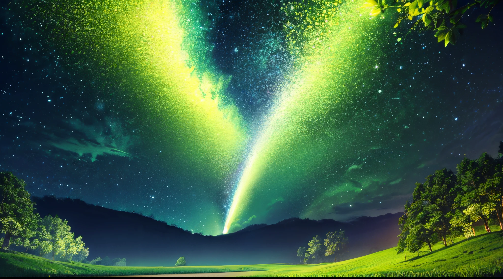 charm natural view, green land, coloful sky with stars, night