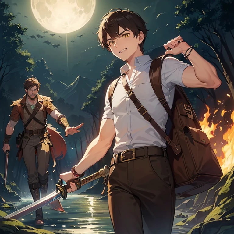 ((1 boy, brown hair, brown pants, no blouse, a bracelet on his arms, a backpack on his back, with a boot, a belt with a sword)),((muscle)),((yellow eyes, happy face )),((attacking a monster, killing a monster in a river in the haunted forest at night)),