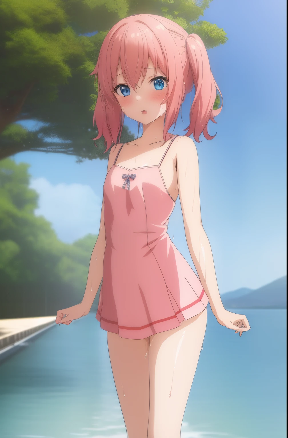 best quality, insanely detailed,ichika nakano, poolside background, breasts, blush, back style, Ruffle bikini, Cute, Cute bikini, nipple, look into the distance, nsfw