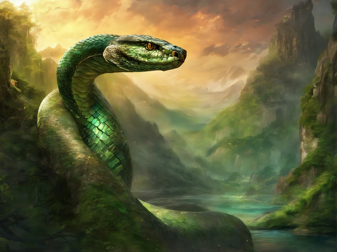 "(best quality,4k,highres,masterpiece:1.2),ultra-detailed,realistic,giant snake,lifelike,glistening scales,mesmerizing patterns,huge reptile,striking eyes,sharp fangs,hissing sound,threatening presence,coiled body,ominous atmosphere,menacing creature,overwhelming size,dramatic lighting,mysterious shadows,impressive scale,immersive experience,majestic predator,awe-inspiring sight,snakeskin texture,emerald green hues,delicate scales,dominant presence"