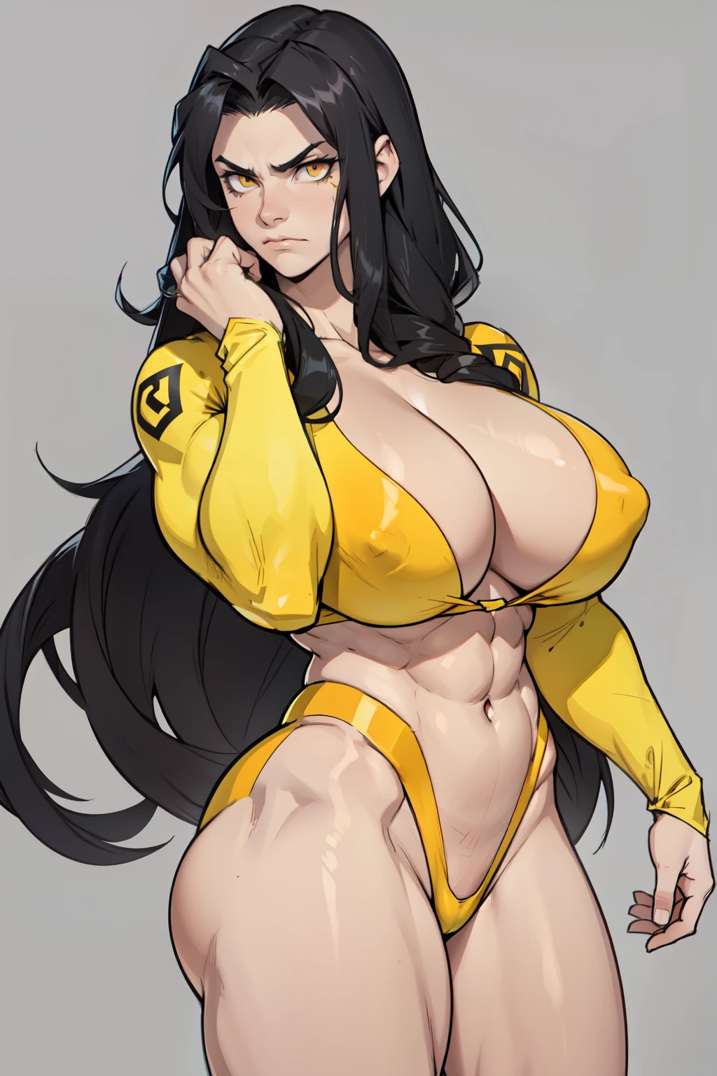 ((1girl)) huge breasts pale skin (muscular) toned body thick thighs black hair yellow eyes (long hair grey background) bodybuilder frowning (skindentation)