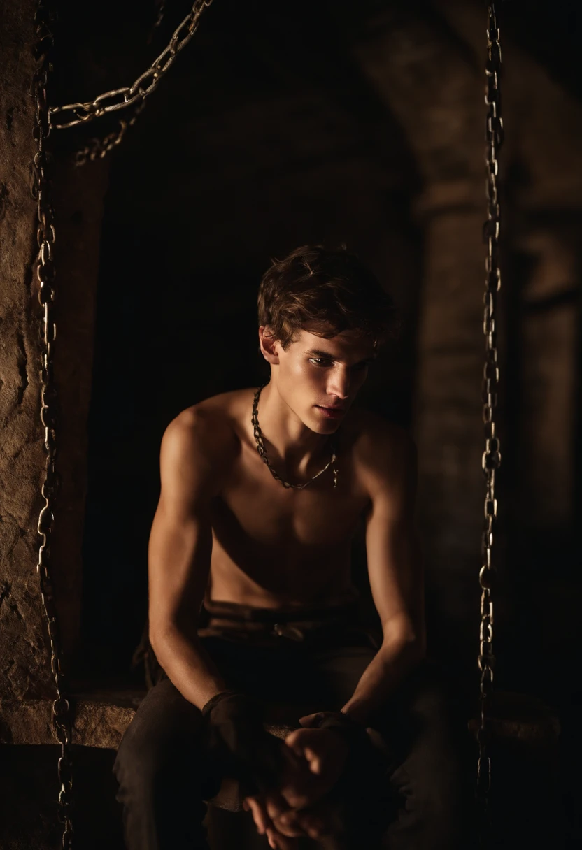 A shirtless man sitting on a swing in a dark room - SeaArt AI